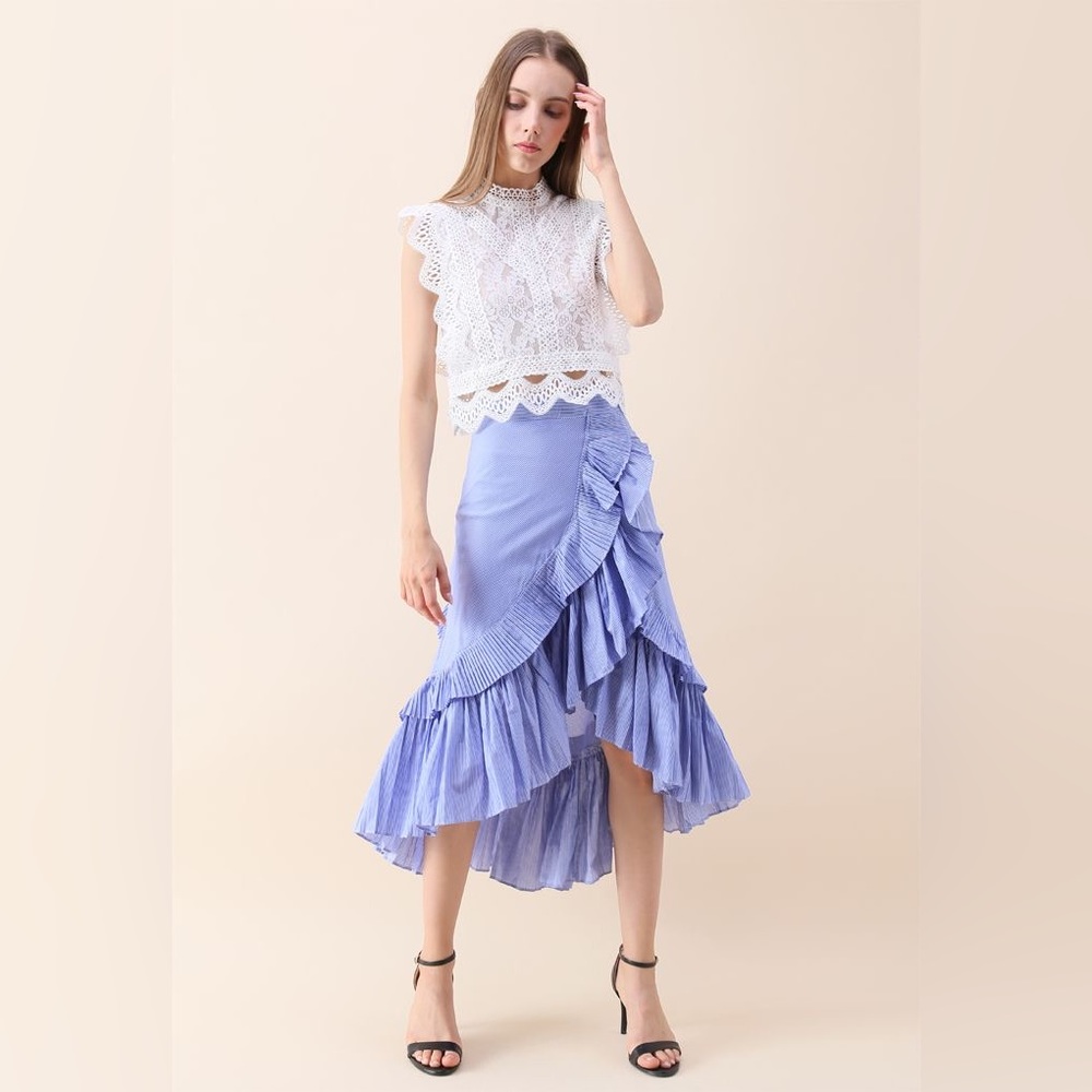 Chicwish Blue Asymmetrical Wrap Midi Skirt